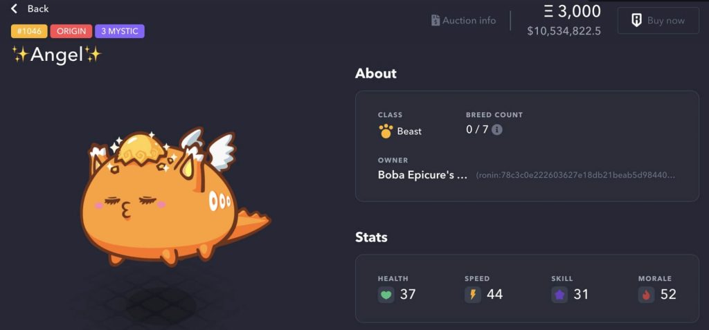 NFT Axie (Angle) được bán với giá 3000 ETH