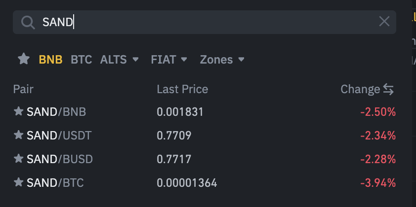 Chọn cặp giao dịch với SAND trên sàn giao dịch Binance