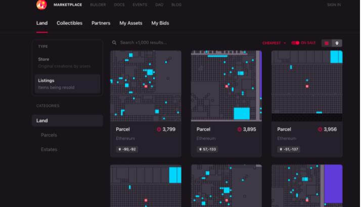 Danh sách đất ảo trên thị trường Decentraland.