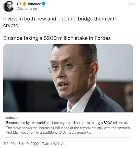 Binance đang nắm giữ 200 triệu đô la cổ phần của Forbes
