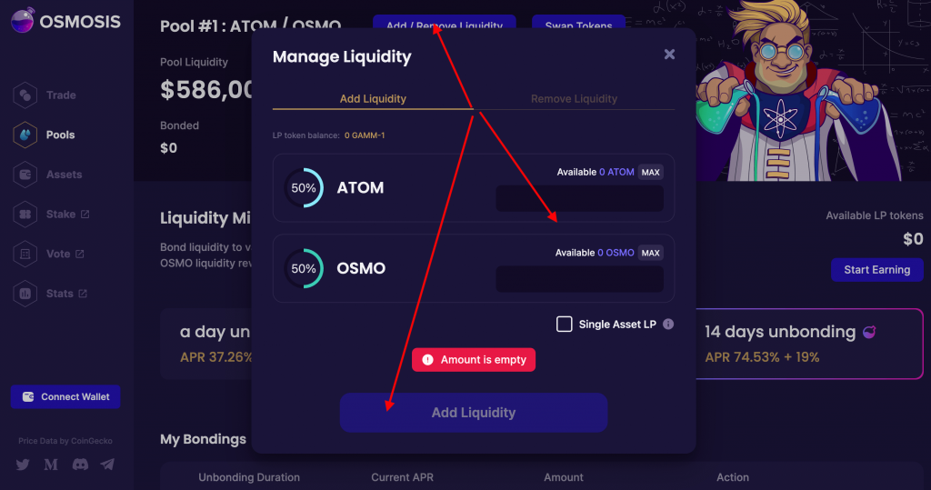 Cung cấp 50% ATOM, 50% OSMO vào pool ATOM/OSMO