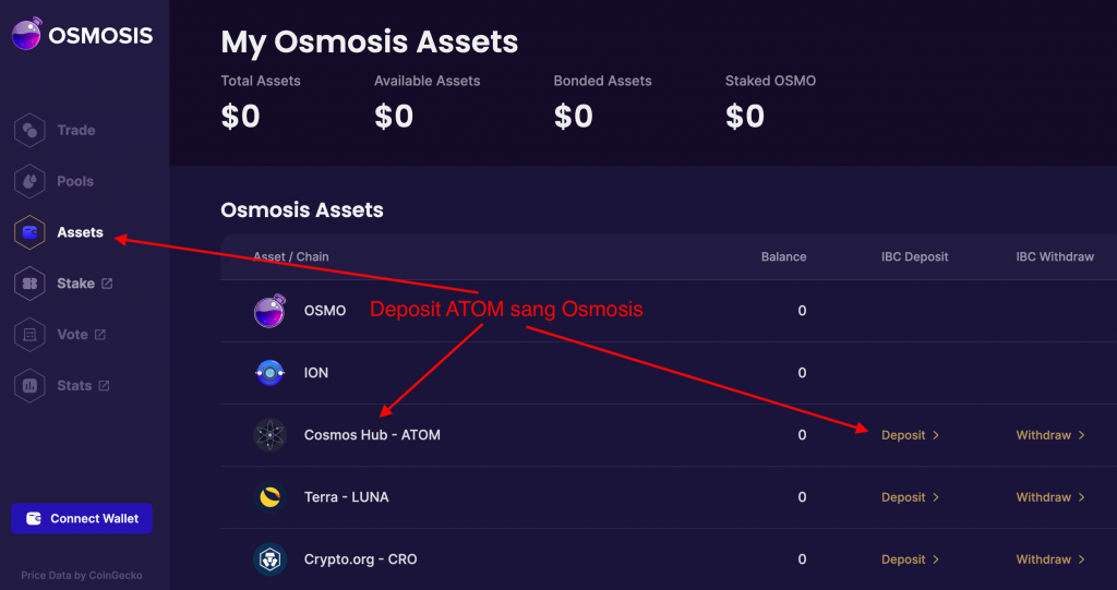 Deposit ATOM sang Osmosis