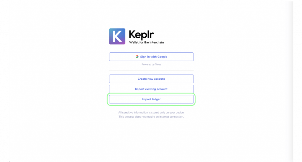 Chọn Import Ledger để kết nối với ví Keplr trong cách staking ATOM