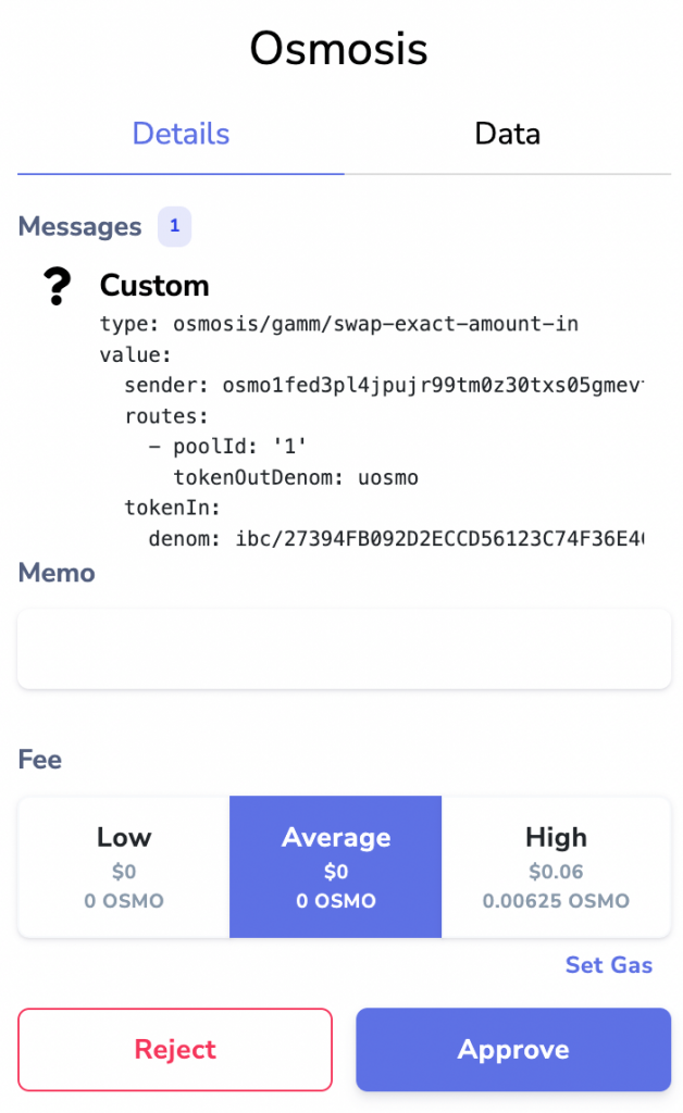 Phí Swap ATOM sang OSMO (phí $0 ở  tốc độ Low và Average)