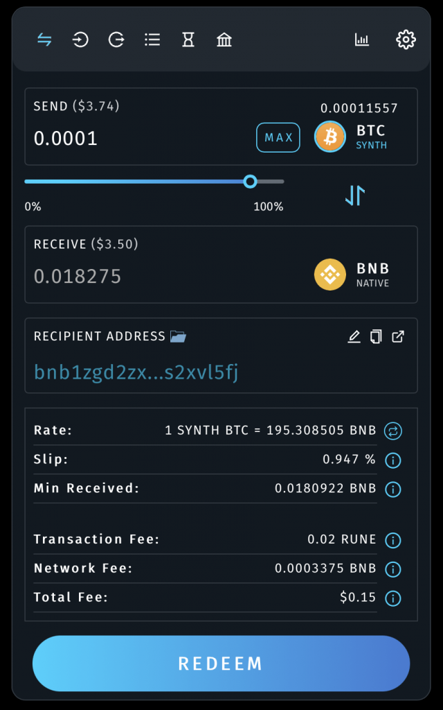 Quá trình redeem Synths sang token mong muốn trong tính năng thorsynths