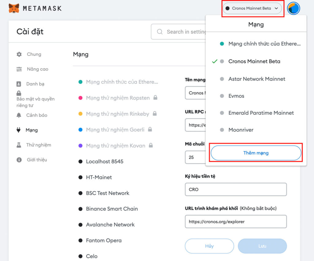 Cách thêm mạng thủ công trên ví metamask