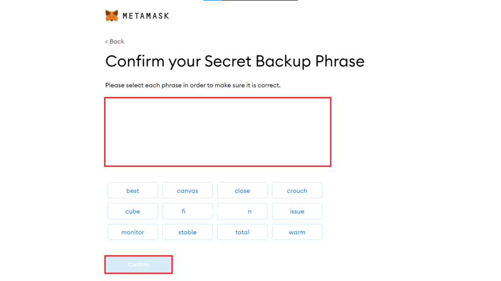 Điền cụm từ Secret Backup Phrase