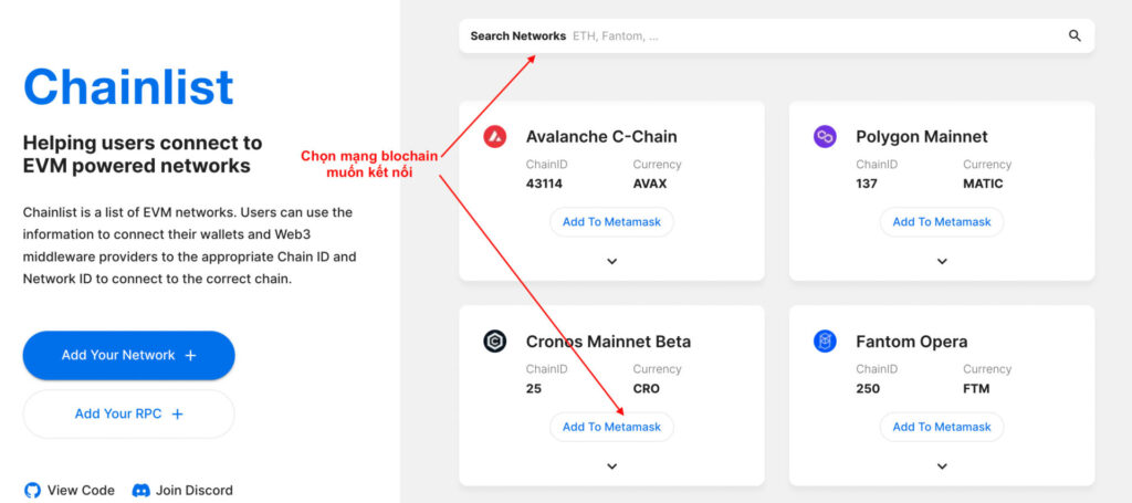 Kết nói ví metamaks và chọn mạng lưới cần thêm trên Chainlist