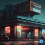 crypto-news-abandoned-store-city-background-dark-tones-sixties-retro-futuristic-illustration