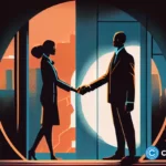 crypto-news-two-people-shaking-hands-office-background-dark-tones-sixties-retro-futuristic-illu