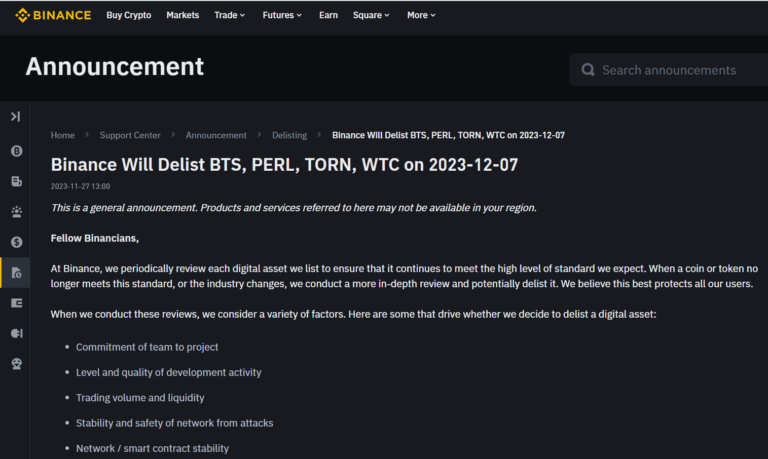 Binance sẽ hủy niêm yết Tornado Cash (TORN), BitShares (BTS), PERLeco (PERL) và Waltonchain (WTC) từ ngày 7/12