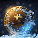 crypto-news-gold-bitcoin-sign-frozen-snow-around-aurora-and-stardust-background-blue-colors-low-poly-style