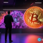 crypto-news-a-man-in-business-suit-standing-and-sees-on-the-Bitcoin-Sothebys-neon-colors-realism-4k-style02