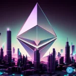 crypto-news-Ethereum-logo-hologram-modern-city-background-low-pole-style-1