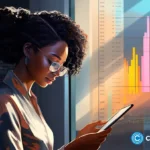 crypto-news-black-woman-reading-a-smartphone-in-office-front-side-view-bright-trading-chart-background-day-light-sixties-retro-futuristic-illustration-v5.2.jpg