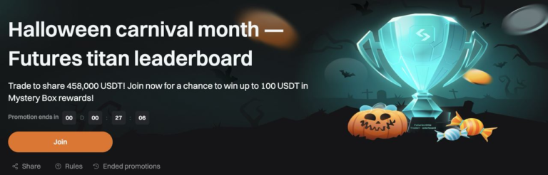 Tháng Halloween Bitget – Bảng xếp hạng Cao thủ Futures – Trúng 458,000 USDT và Mystery Box trị giá lên đến 100 USDT 